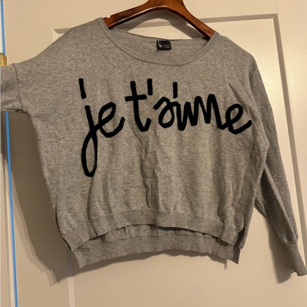 EUC! Sparkle & Fade Crop Sweater with Black 'Je t'aime' Print, Size XS - Picture 1 of 5